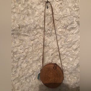 New hard shell rattan purse with leather straps handmade in Vietnam